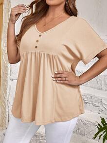 EMERY ROSE Plus Button Detail Batwing Sleeve Peplum Tee - Apricot - View 6