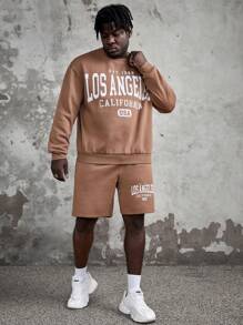 Manfinity VCAY Men Plus Letter Graphic Pullover Sweatshirt & Track Shorts, For Fall Winter - Brown - View 7
