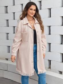 SHEIN LUNE Plus Drop Shoulder Fringe Hem Pocket Patched Overcoat - Apricot - View 5