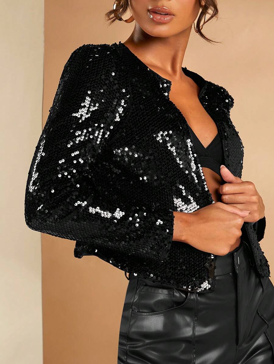 SHEIN BAE Open Front Crop Sequin Jacket Without Bra In Fall/Winter - Black - View 1