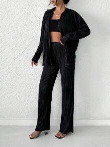 EURMUSE Solid Button Front Shirt & Pants - Black - View 4