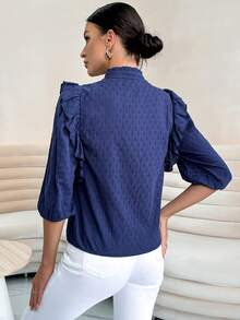 SHEIN Privé Viền Ruffle Cổ giả Nút phía trước Áo sơ mi - Màu xanh hải quân - Xem 2