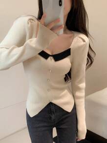 DAZY Contrast Trim Button Front Ribbed Sweater,Long Sleeve Tops,Fall Clothes - Apricot - View 1