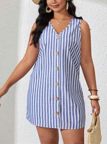 SHEIN VCAY 大碼條紋印花前紐扣洋裝