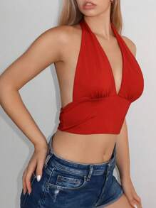 SHEIN EZwear 素色繞頸短上衣 - 紅色 - 查看 5