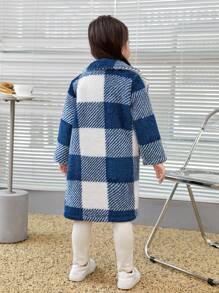 SHEIN 女小童大方格圖案絨毛外套 - 藍白色 - 查看 2