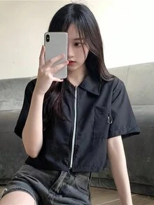 純色拉鍊短款襯衫 - 黑色 - 查看 4