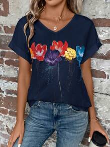 EMERY ROSE Floral Print Batwing Sleeve Blouse - Navy Blue - View 1