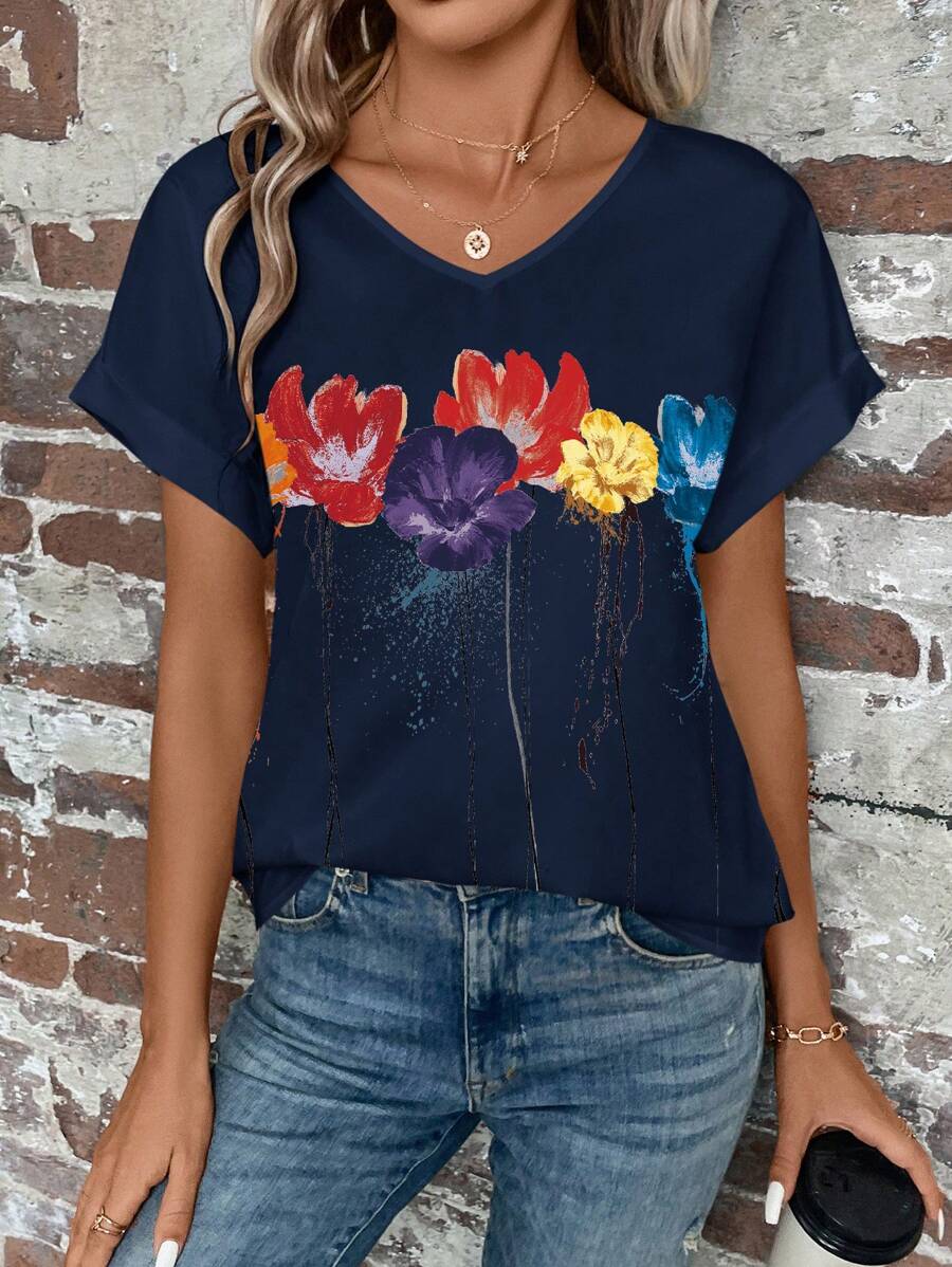 EMERY ROSE Floral Print Batwing Sleeve Blouse - Navy Blue - View 1