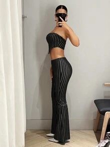 SHEIN ICON 條紋印花抹胸上衣&喇叭褲 - 黑色 - 查看 3