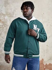 Manfinity VCAY Loose Fit Plus Size Men's Letter Patched Stripe Trim Jacket, For Fall Winter - Green - View 3