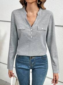 SHEIN Frenchy Half Button Flap Detail Tee Winter Casual - Light Grey - View 5