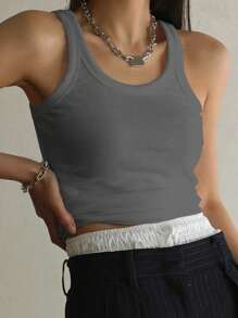 DAZY 素色條紋針織背心上衣 - 灰色 - 查看 4