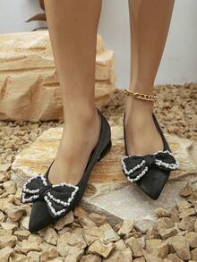 女性低跟人造珍珠蝴蝶結單鞋 - 黑色 - 查看 2