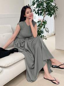 DAZY Solid Cap Sleeve A-line Dress - Grey - View 6