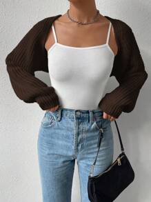 SHEIN EZwear Ribbed Knit Raglan Sleeve Cardigan,Long Sleeve Tops - Chocolate Brown - View 5