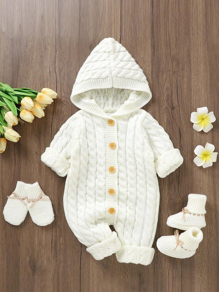 Baby Girl Button Front Hooded Cable Knit Jumpsuit - White - View 1