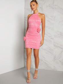 L'Amorae Floral Appliques Halter Ruched Dress - Pink - View 4