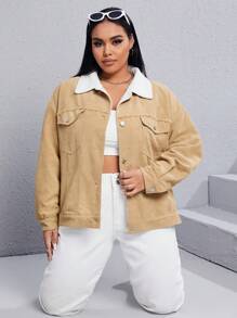 SHEIN EZwear Plus Flap Pocket Drop Shoulder Borg Collar Corduroy Jacket In Fall/Winter - Khaki - View 3