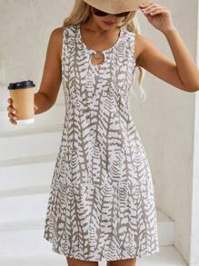 SHEIN LUNE Allover Print Tie Neck Dress