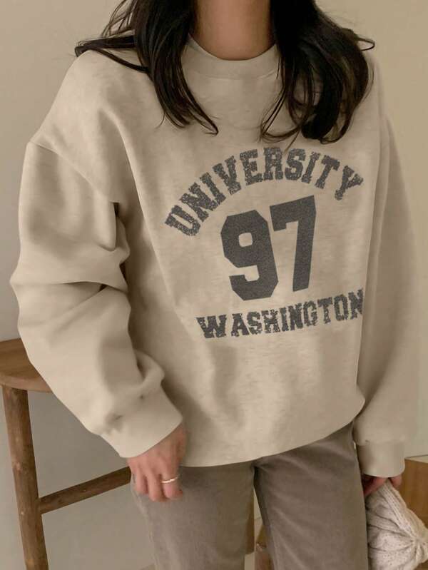 DAZY Loose Fit Letter Print Crew Neck Fleece Sweatshirt For Women,Winter