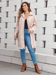 SHEIN LUNE Plus Drop Shoulder Fringe Hem Pocket Patched Overcoat - Apricot - View 4