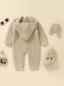 Đứa bé trai Nút phía trước áo có mũ Cable Áo len Jumpsuit & Găng tay & Vớ - Màu Khaki - Xem 2