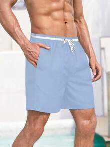 Surfspeed Men Striped Trim Drawstring Waist Swim Trunks - Baby Blue - View 3