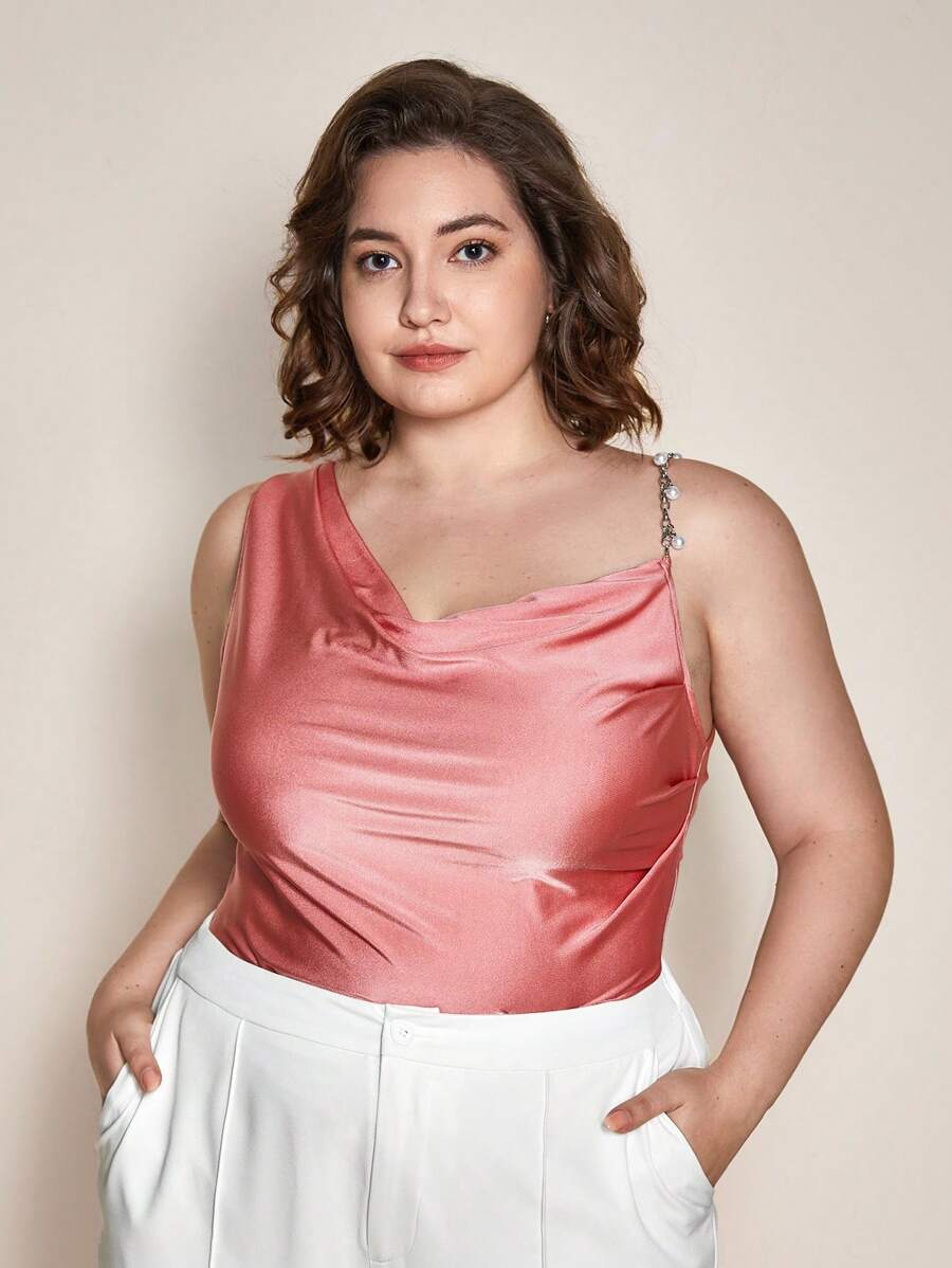 BizChic áo nữ kích thước lớn Bất đối xứng Chuỗi Vắt Ngọc trai màu trơn Thanh lịch - Hồng - Xem 1