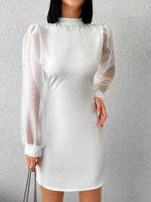 EURMUSE Contrast Mesh Puff Sleeve Backless Bodycon Dress - White - View 3