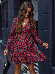 Allover Floral Print Puff Sleeve Overlap Collar Dress - Red - View 3