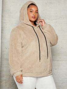 SHEIN CURVE+ Sudadera tipo teddy con cordón para tallas grandes - Albaricoque - Ver 6