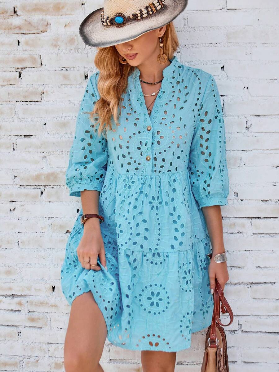 GENKIRA Eyelet Embroidery Button Front Smock Dress Vacation Outfits Woman  - Blue - View 1