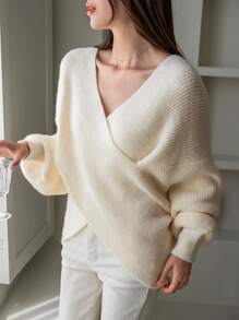DAZY Solid Drop Shoulder Wrap Sweater,Fall Clothes - White - View 5