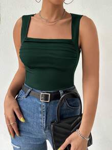 Calvaya Plus Solid Ruched Tank Top - Dark Green - View 1