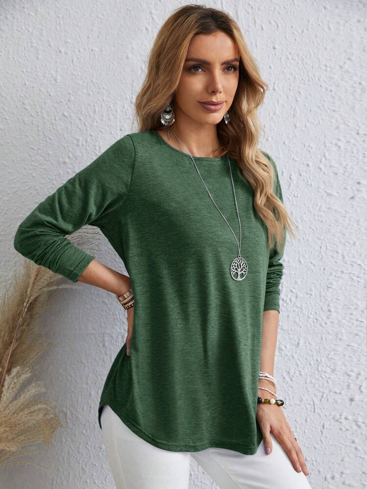 Women's Casual Solid Color Button Back Curved Hem T-Shirt Women Long Sleeve Tops Grey Tops For Women Gray Blouse Women Solid Color T Shirt Tops Women Women Women's Fall Clothes