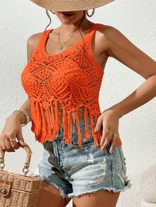 SHEIN VCAY 流蘇下擺鏤空罩衫上衣 - 橘色 - 查看 3