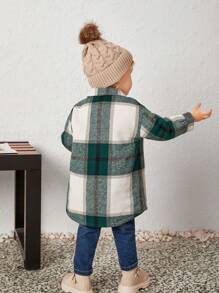 SHEIN Baby Girl Plaid Print Flap Pocket Drop Shoulder Overcoat - Green - View 2