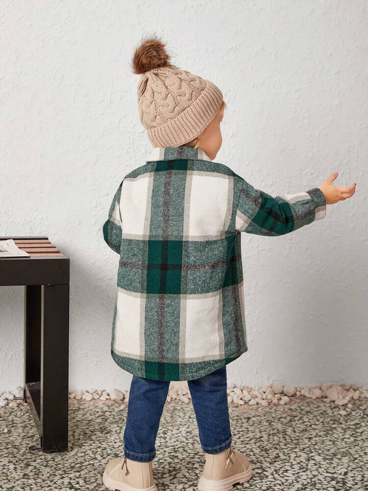 Baby Girl Plaid Print Flap Pocket Drop Shoulder Overcoat