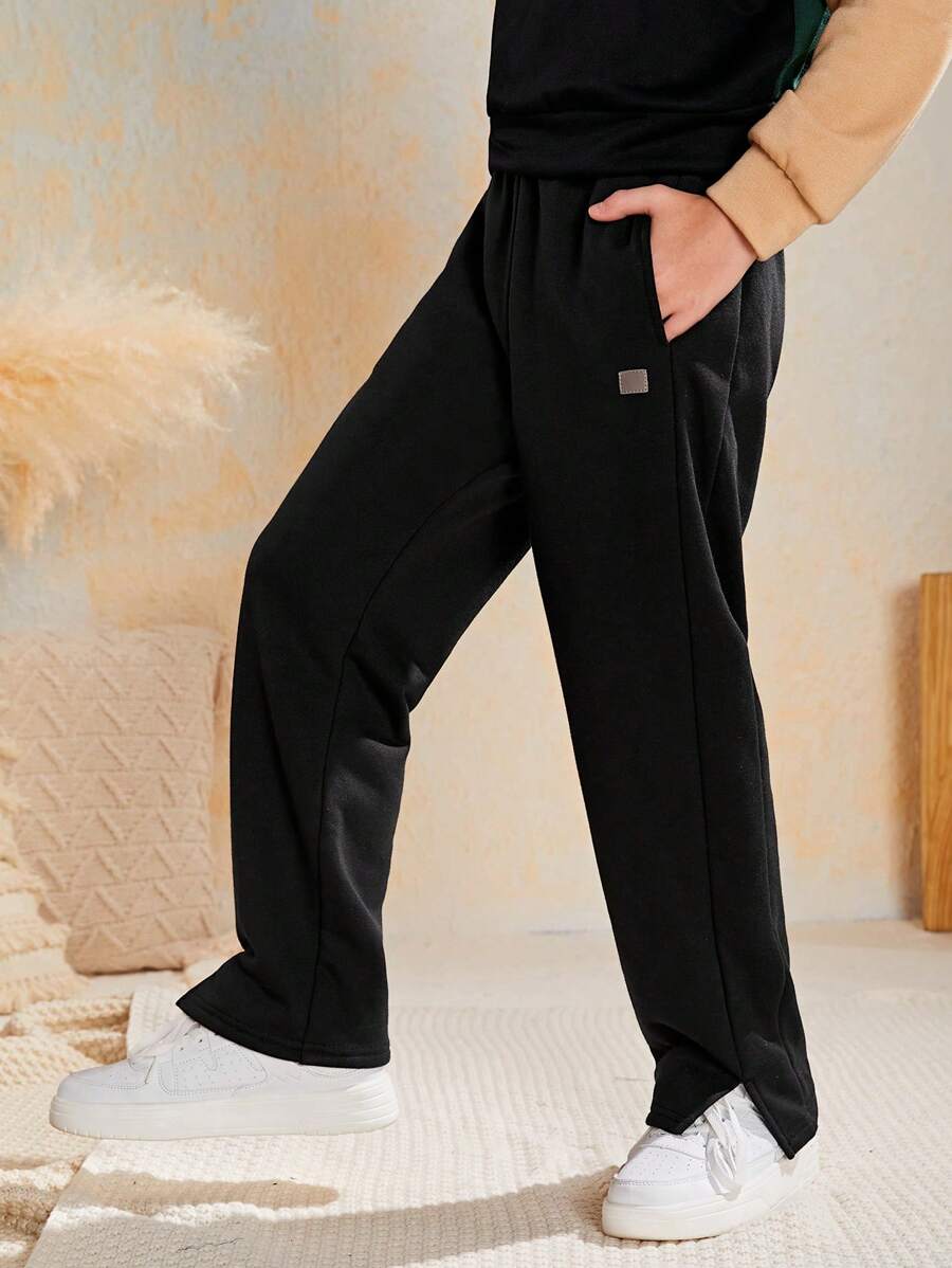 SHEIN Tween Boy Patched Detail Split Hem Sweatpants - Black - View 1
