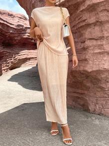 SHEIN Essnce Solid Batwing Sleeve Blouse & Skirt - Apricot - View 5