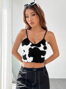SHEIN EZwear Cow Print Crop Fuzzy Cami Top - Black and White - View 5