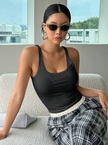 DAZY Solid Ribbed Knit Tank Top - Dark Grey - View 4