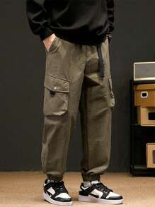 Men Letter Graphic Flap Pocket Cargo Pants - Khaki - View 5