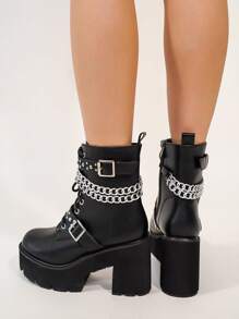 女性時尚扣環和鏈子裝飾的朋克風摩托車靴,適合秋冬季節 - 黑色 - 查看 4