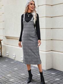 SHEIN LUNE Plaid Print Overall Dress Without Tee - Multicolor - View 5