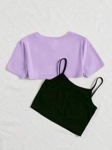 SHEIN 女大童小熊印花吊帶上衣&超短款T恤 - 紫丁香色 - 查看 2