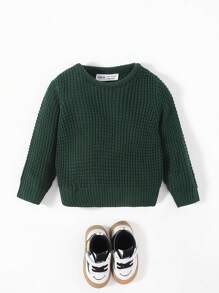 SHEIN Leap Crew Baby Boy Waffle Knit Sweater, For Christmas - Dark Green - View 1