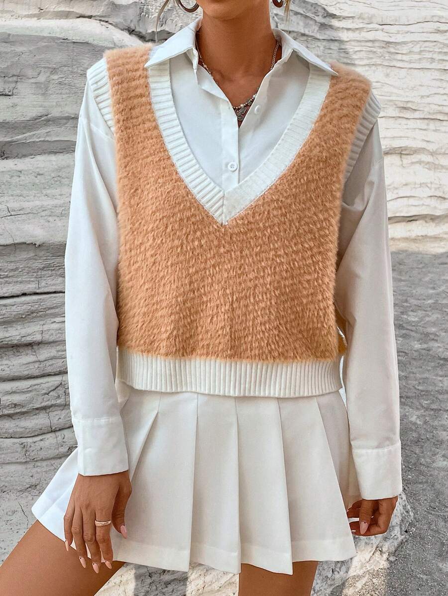 SHEIN Unity Contrast Trim Sweater Vest Without Blouse - Multicolor - View 1