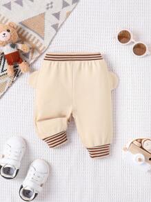SHEIN Baby Boy Cartoon Embroidery 3D Ear Design Striped Trim Pants - Apricot - View 6